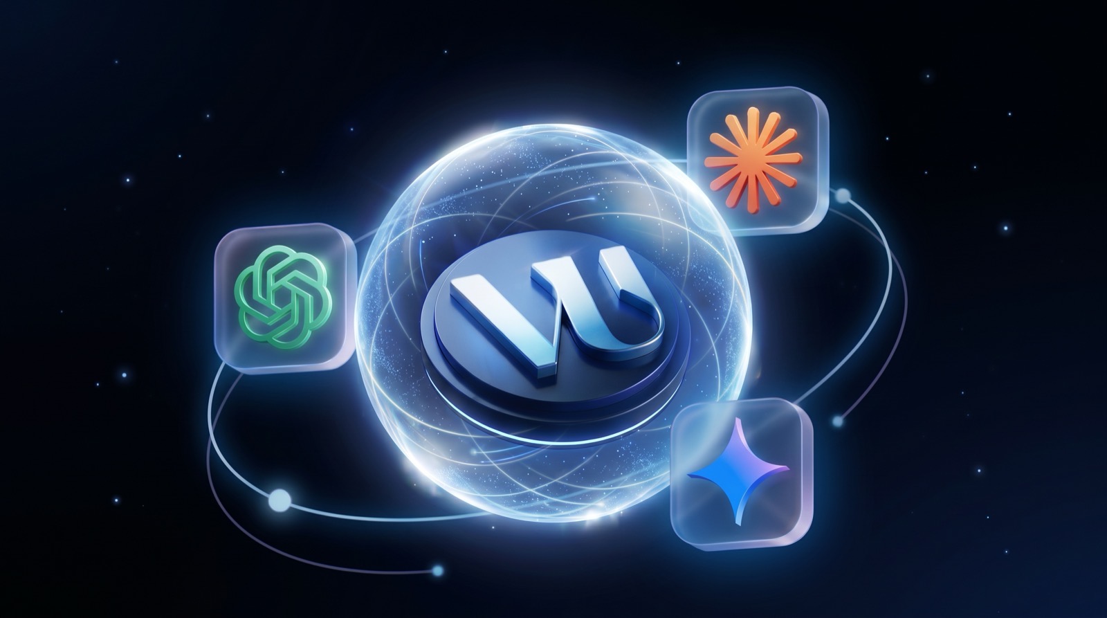 VU-Logo als Hub, umgeben von den Bildmarken gängiger KI-Modelle wie ChatGPT und Gemini